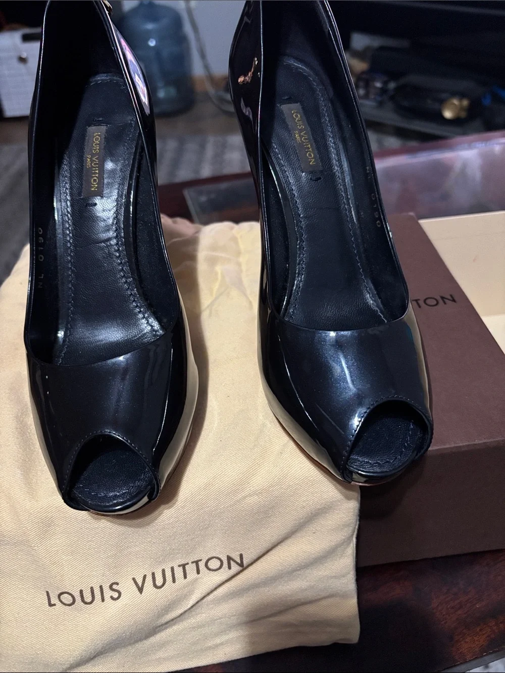 Louis Vuitton Black Patent Peep-Toe Heels